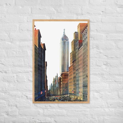Framed matte paper poster featuring urban cityscape scene.