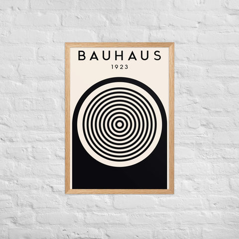Bauhaus style matte paper poster with geometric black and white design in a wood frame.