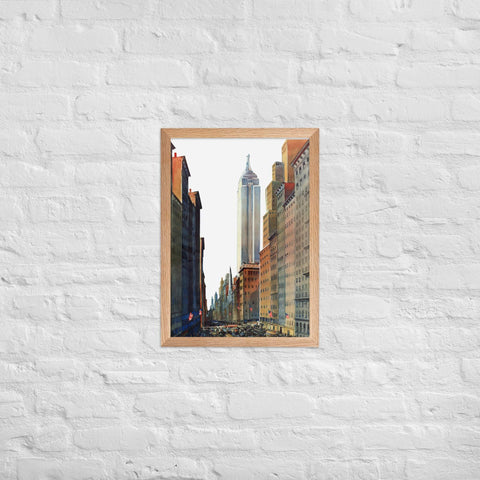 Framed matte paper poster with urban cityscape scene for home or office decor.