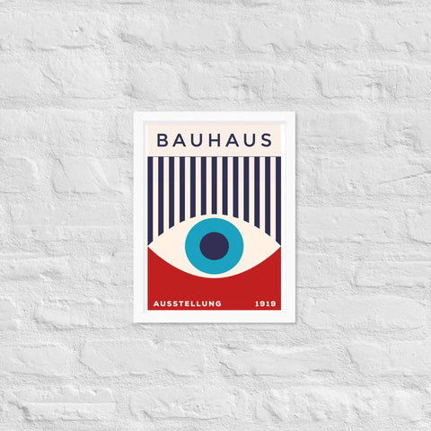 Framed matte paper poster with modern Bauhaus-inspired design on brick wall backdrop.