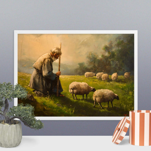Framed matte paper poster featuring a serene pastoral landscape with sheep and shepherd, enhancing home decor.