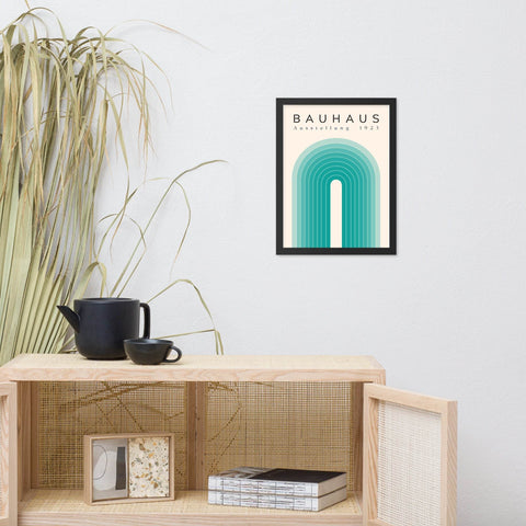 Framed poster featuring Bauhaus Ausstellung 1923 minimalist design on wall.