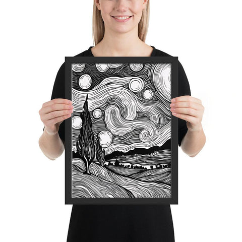 Black and white framed poster of a detailed night sky landscape.