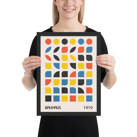 Bauhaus-inspired framed poster with geometric design in bold primary colors.