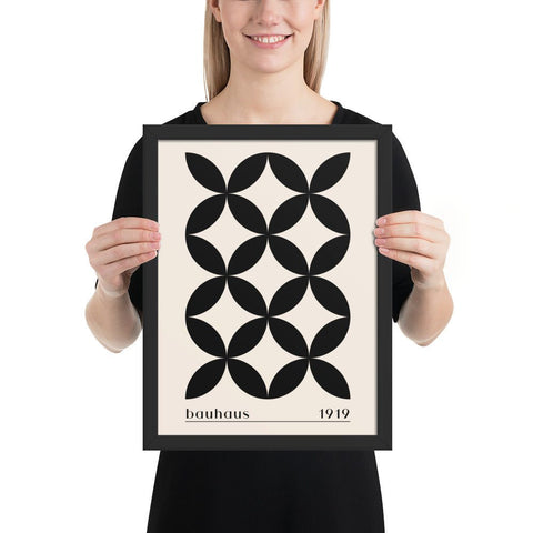 Bauhaus-inspired framed poster featuring bold black and cream geometric design from 1919.