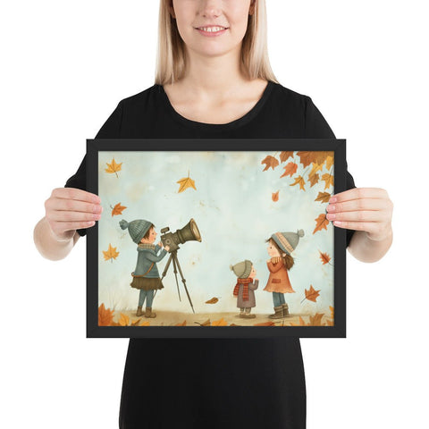 Framed poster featuring whimsical autumn scene in black frame, perfect for nursery decor.