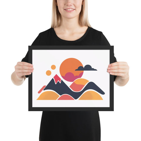 Framed poster with vibrant contemporary mountain landscape design.