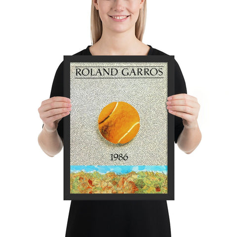 Framed poster featuring Roland Garros tennis artwork with tennis ball and France map.