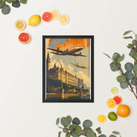 Framed poster featuring vintage airplane and architectural design, perfect for travel enthusiasts and art collectors.