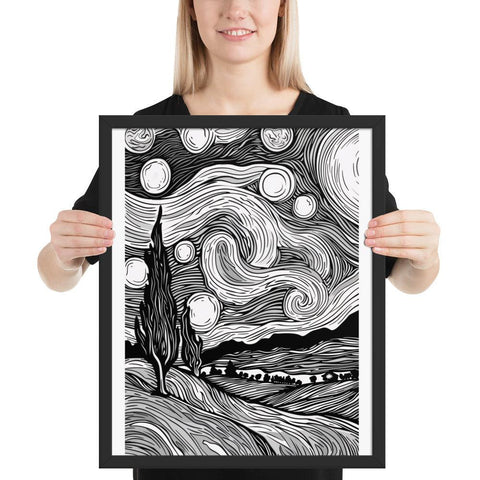 Framed poster with a black and white landscape illustration of a night sky, perfect for sophisticated home or office decor.