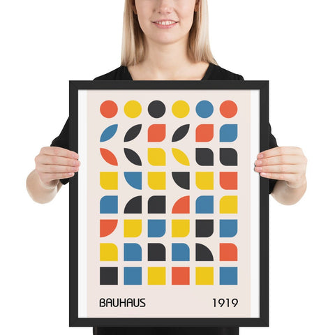 Bauhaus-inspired framed poster with geometric design and bold primary colors.