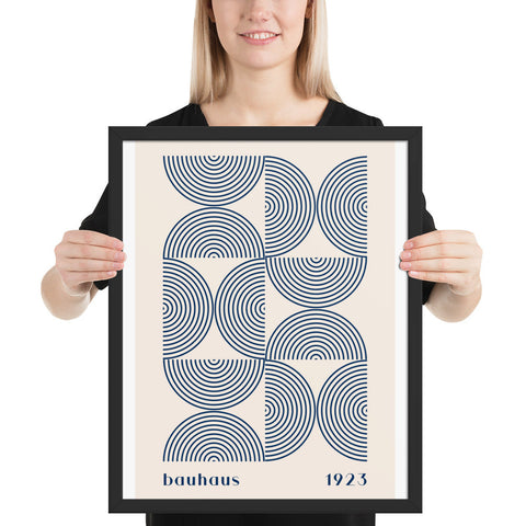 Framed poster with Bauhaus geometric design and minimalist colors, enhancing mid-century modern decor.