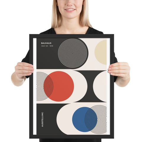 Framed poster with geometric art and vibrant colors in a modern abstract design.