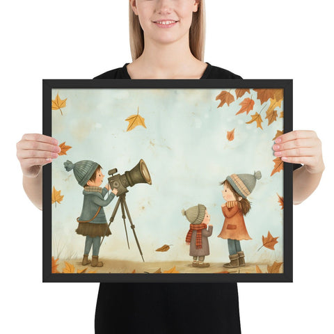 Framed poster featuring whimsical autumn scene in a sleek black frame, perfect for adding playful charm to your decor.
