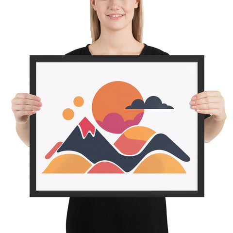 Framed poster featuring vibrant contemporary mountain landscape in a black frame.