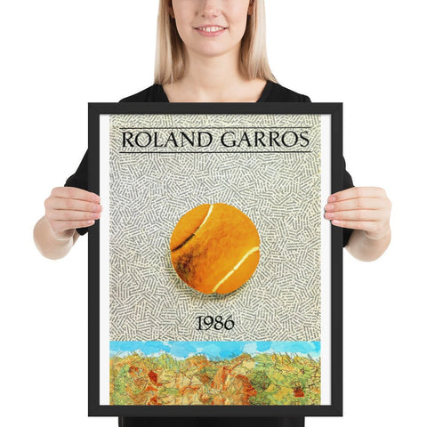 Framed poster featuring Roland Garros tennis art with vintage elements and French map.