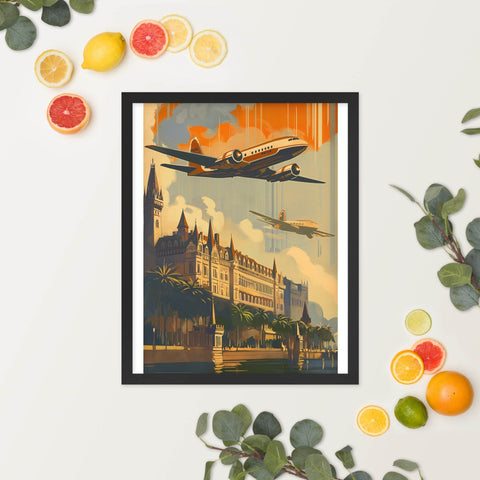 Framed poster featuring vintage airplane and architectural imagery with retro design.