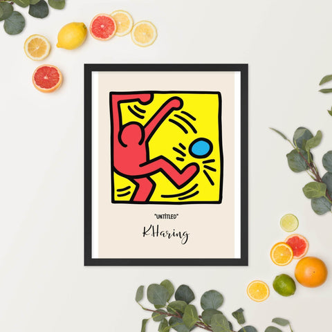 Framed poster featuring vibrant Keith Haring pop art with bold colors and black frame.
