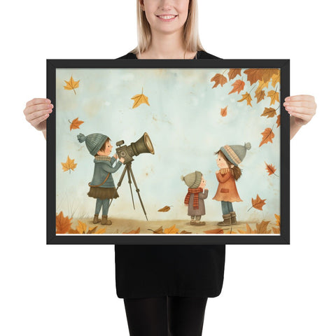 Charming autumn-themed framed poster with whimsical artwork in sleek black frame.