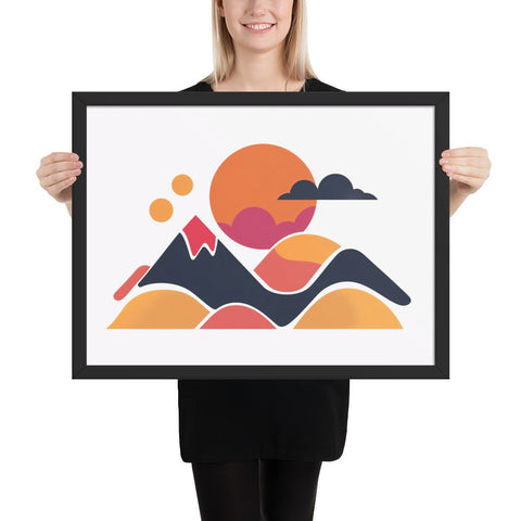 Framed poster featuring a vibrant contemporary mountain landscape, perfect for modern home decor.