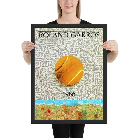 Framed poster of Roland Garros tennis tournament with tennis ball, France map, and vintage design.