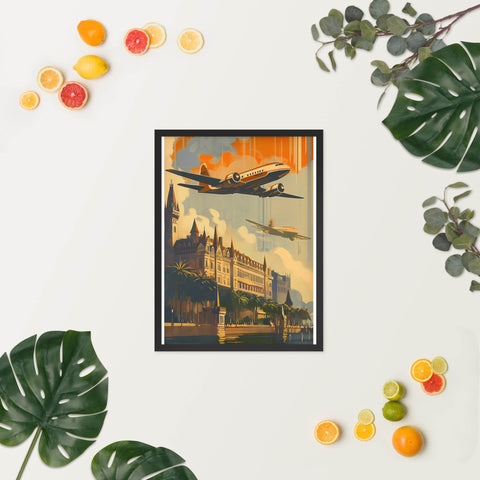 Vintage airplane themed framed poster with architectural details, perfect for travel enthusiasts and art collectors.