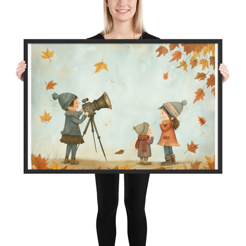 Framed poster featuring a whimsical autumn scene in black frame.