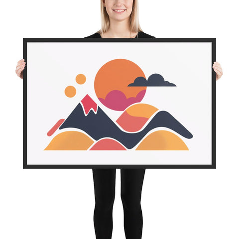 Framed poster of contemporary mountain landscape with vibrant colors.