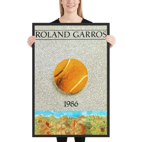 Framed poster featuring Roland Garros tennis artwork with a tennis ball and vintage design.