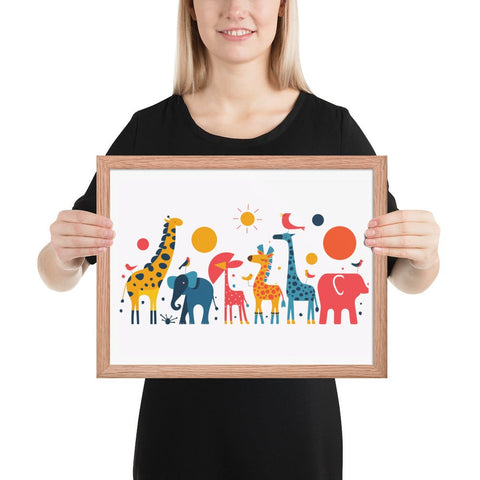 Framed poster featuring colorful stylized giraffes, elephants, and birds in vibrant animal parade art print.