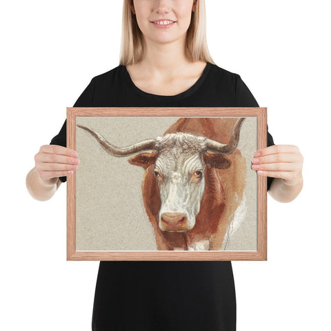 Framed poster featuring longhorn art in natural wood frame.