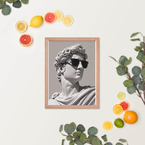 Framed poster featuring classical sculpture with sunglasses for modern wall decor.