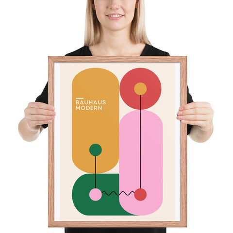 Framed poster with Bauhaus modern geometric design in vibrant colors.