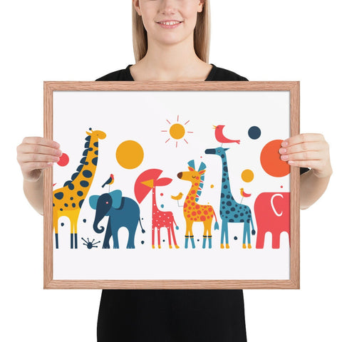 Framed poster featuring vibrant animal parade art with giraffes, elephants, and birds, ideal for kids room decor.