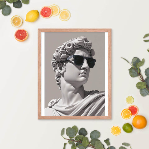 Framed poster featuring classical sculpture with sunglasses for modern decor.