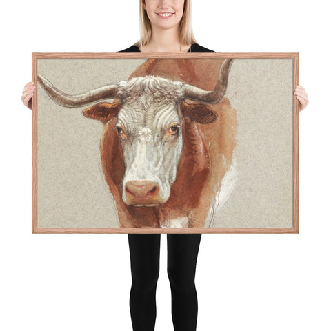 Rustic longhorn framed poster with natural wood frame.