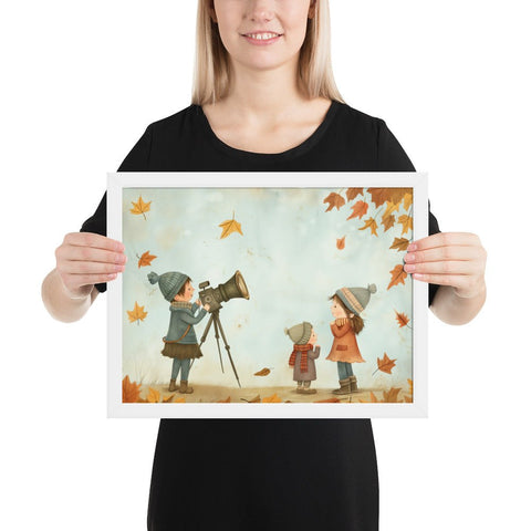 Charming autumn scene framed poster with sleek black frame.