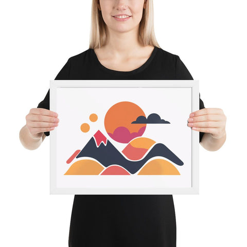 Framed poster featuring contemporary mountain landscape with vibrant colors.