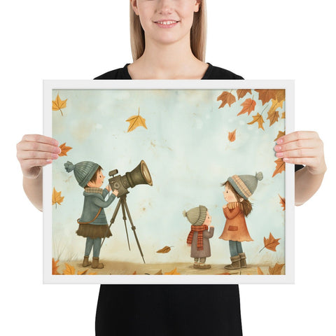 Charming framed poster with adorable autumn scene in sleek black frame.