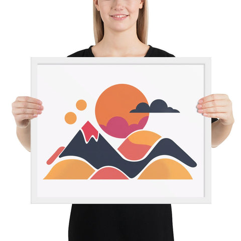 Contemporary framed poster featuring a vibrant mountain landscape in bright colors.