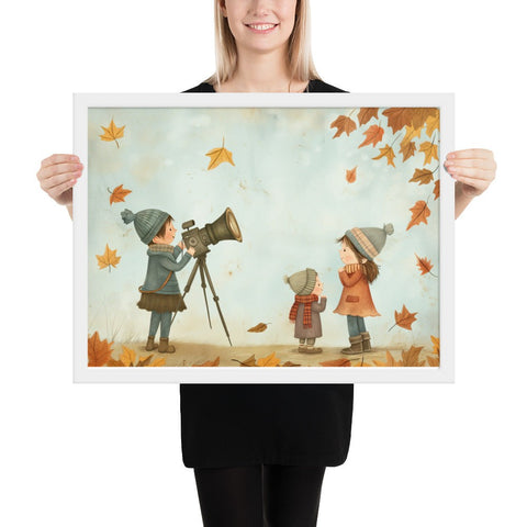 Charming autumn scene framed poster adding whimsy to home decor.
