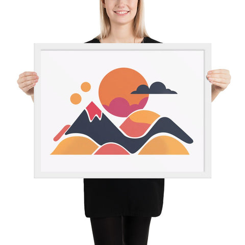 Framed poster of contemporary mountain landscape with vibrant colors, perfect for modern decor.
