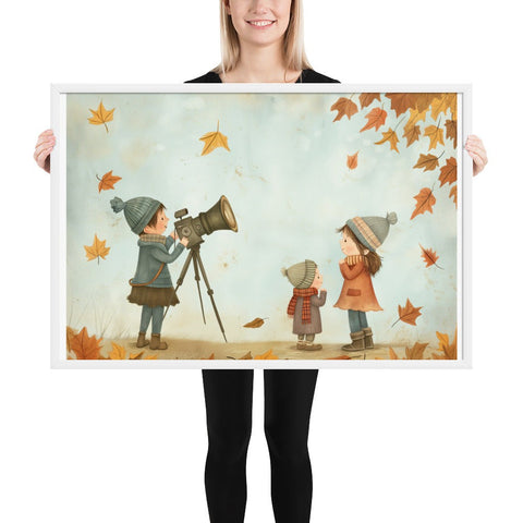 Charming autumn scene framed poster with whimsical artwork in sleek black frame.