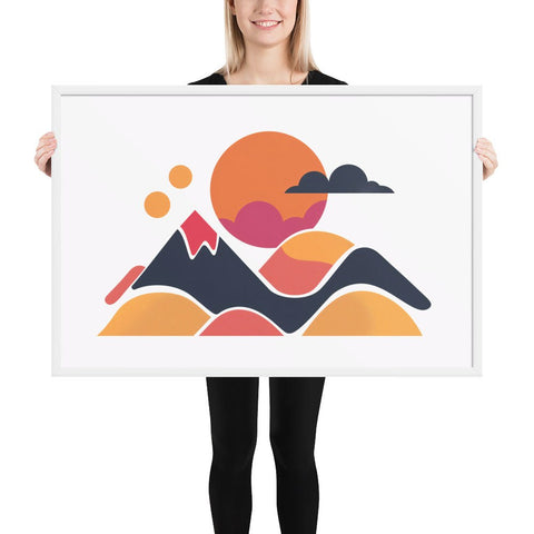 Framed poster of a contemporary mountain landscape with vibrant colors, perfect for home decor.