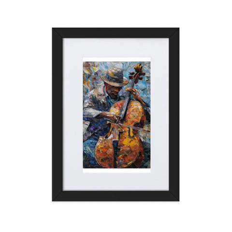 Framed poster of musician playing cello on matte paper.