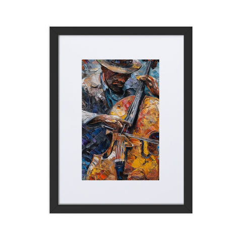 Framed art print of a musician playing cello in vibrant textured style on matte paper.