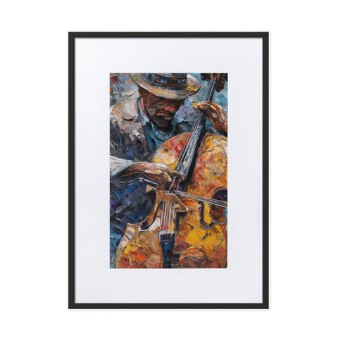 Matte paper framed poster with art of musician playing cello.