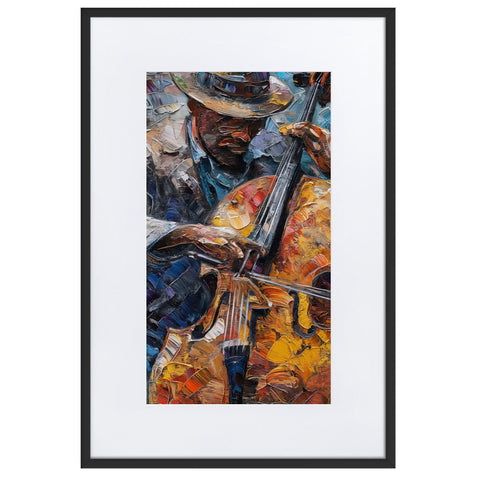 Matte paper framed poster featuring a textured art print of a musician playing cello.