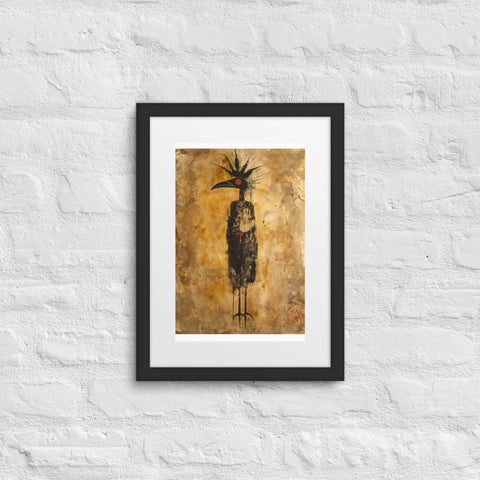 Framed poster with abstract figure on textured background.