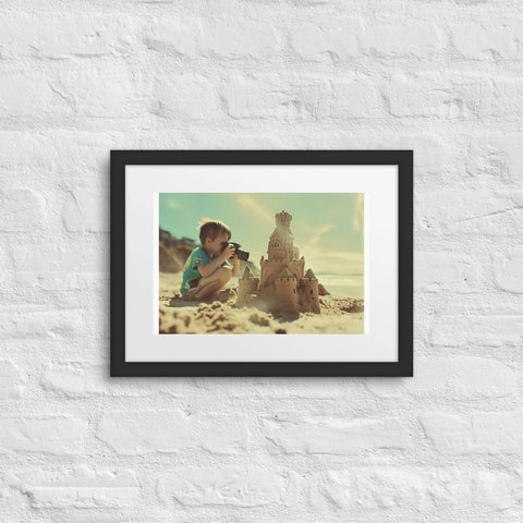 Framed poster of vintage kid at the beach with sandcastle, vibrant colors, wall decor.